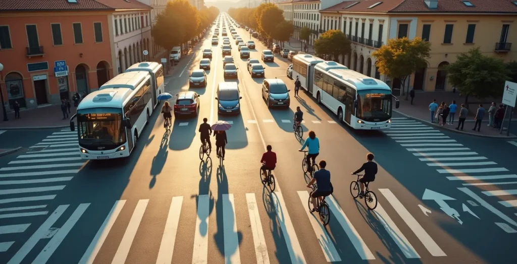 Incrocio urbano con sistema semaforico intelligente e veicoli in movimento fluido Incrocio urbano con sistema semaforico intelligente e veicoli in movimento fluido